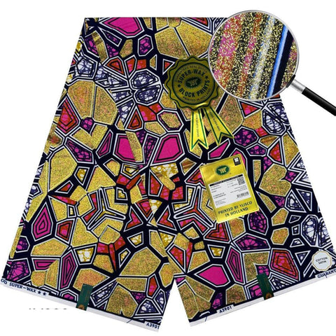 Grand Super Wax Fabric with bold geometric designs in gold, pink, and black tones, accented with shimmering glitter highlights