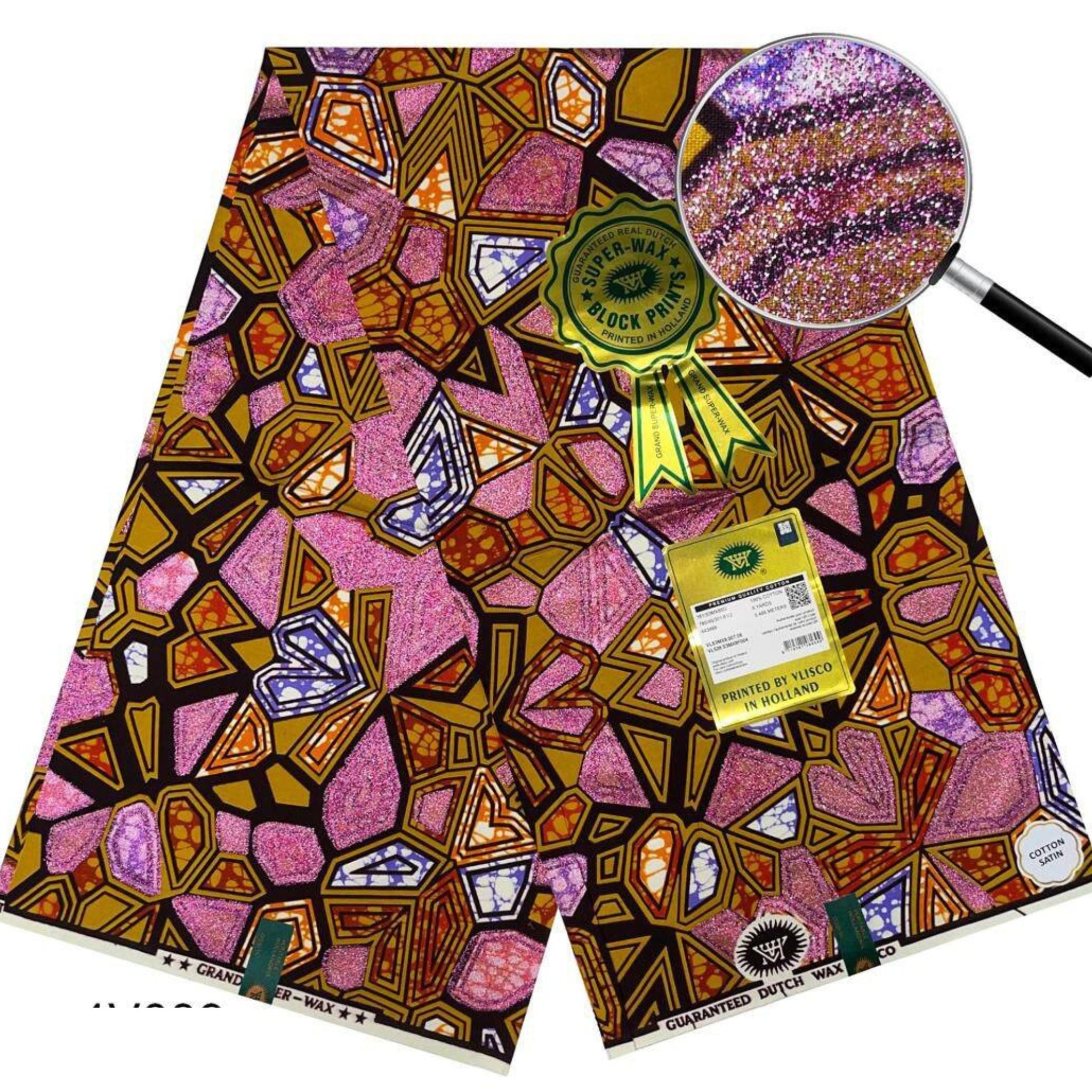 Grand Super Wax Fabric in Pink, Purple, and Brown African Print with Glitter Accents