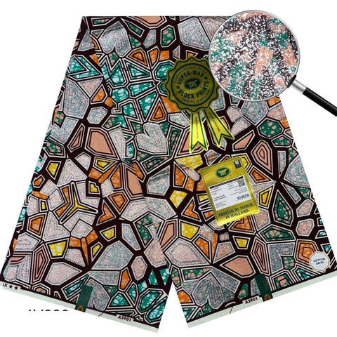 New Grand Super Wax Fabric in Geometric Gray, Green, and Peach African Print with Glitter 