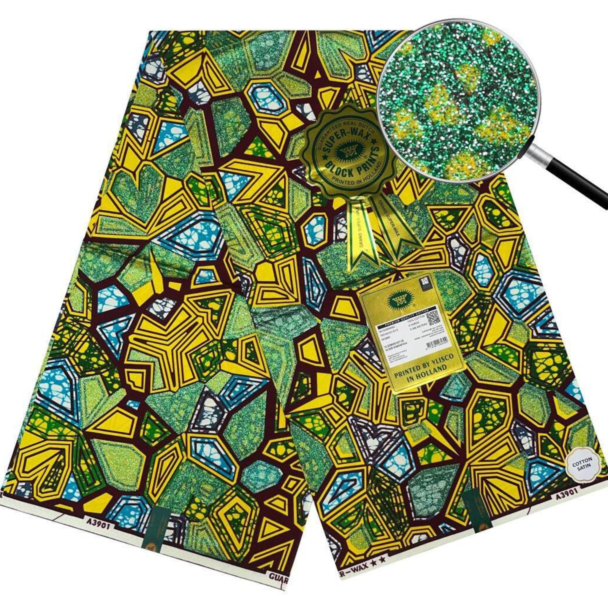 New Grand Super Wax Fabric in Vibrant Green, and Yellow African Print with Glitter