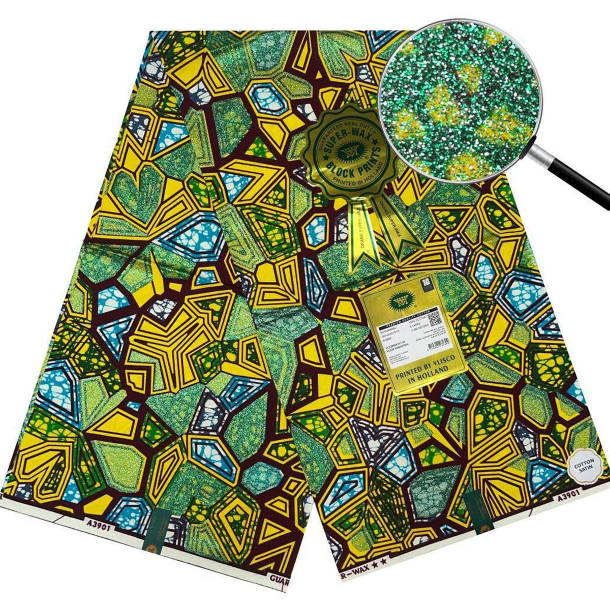 New Grand Super Wax Fabric in Vibrant Green, and Yellow African Print with Glitter