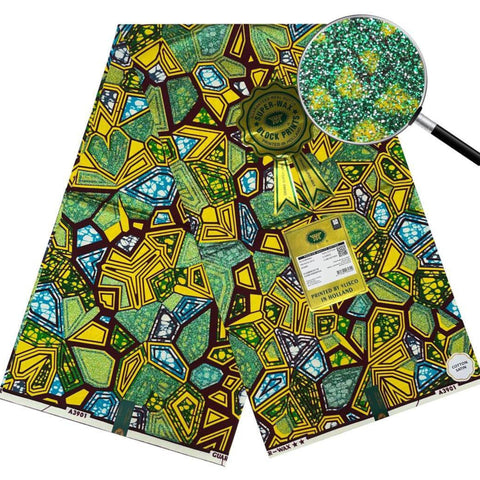 New Grand Super Wax Fabric in Vibrant Green, and Yellow African Print with Glitter