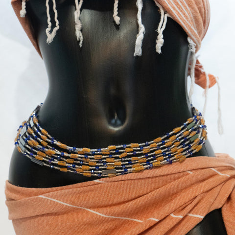 AfroBeads Waist Beads in Tribal Raw Sienna, Silver and Capri Blue 