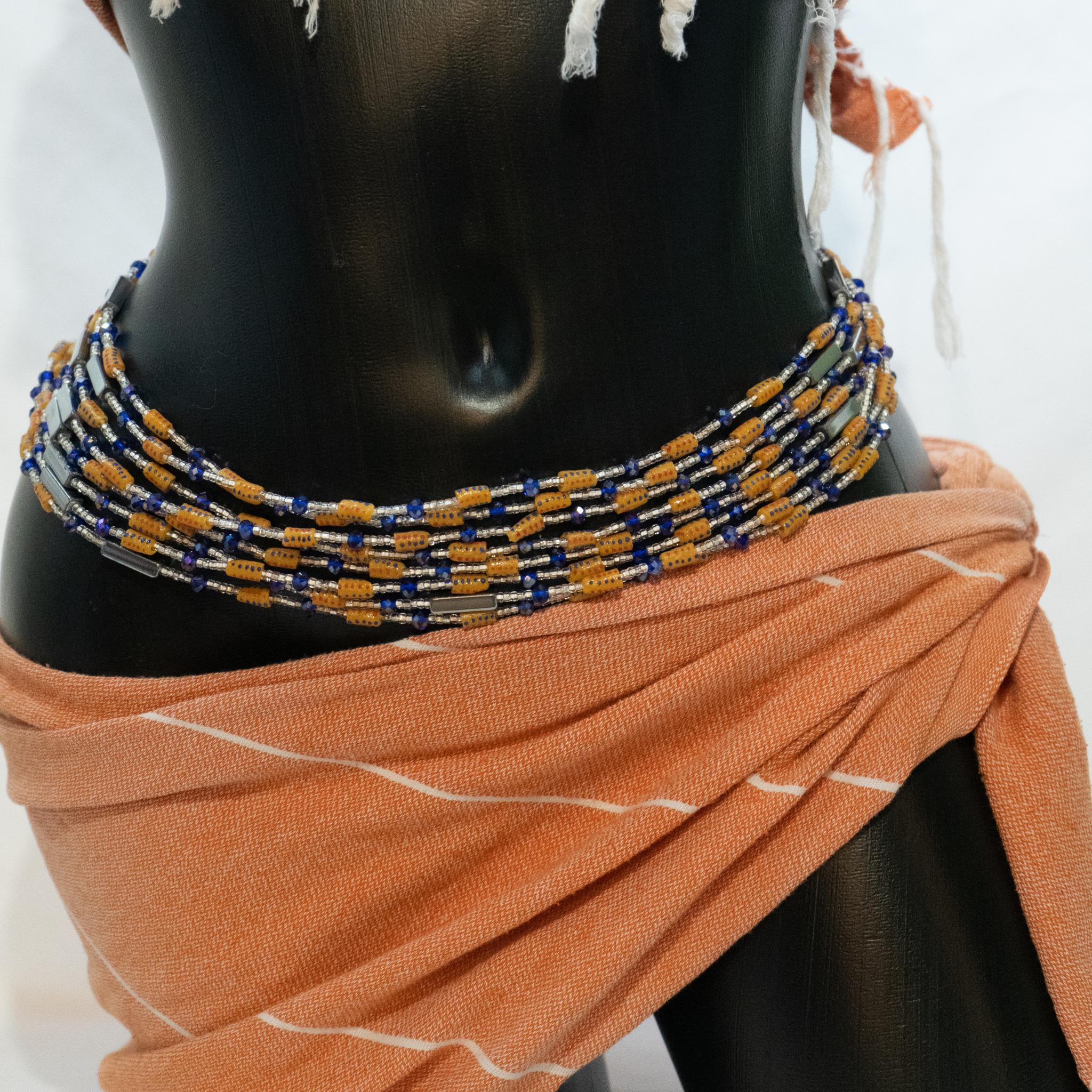 AfroBeads Waist Beads in Tribal Raw Sienna, Silver and Capri Blue  Tilted View