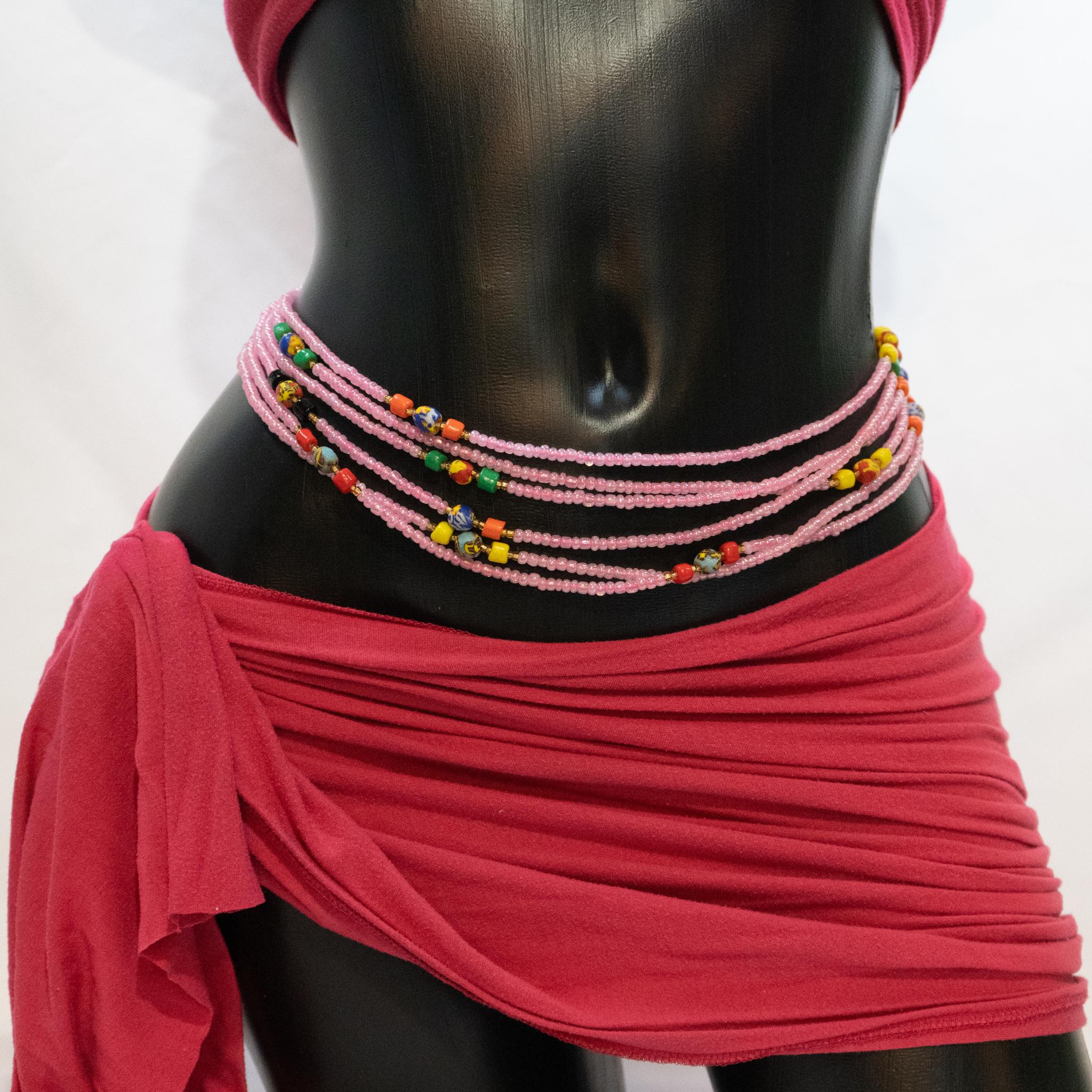 AfroBeads Waist Beads in Tribal Seeds with Charming Pink  Front View