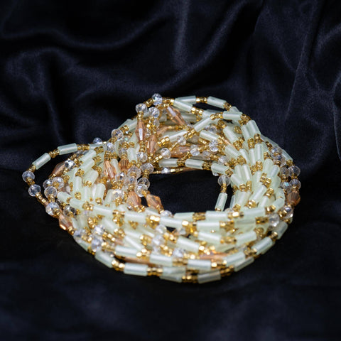 AfroBeads Waist Beads in Glow-In-the-Dark Light Peach, White and Gold Crystal Strand