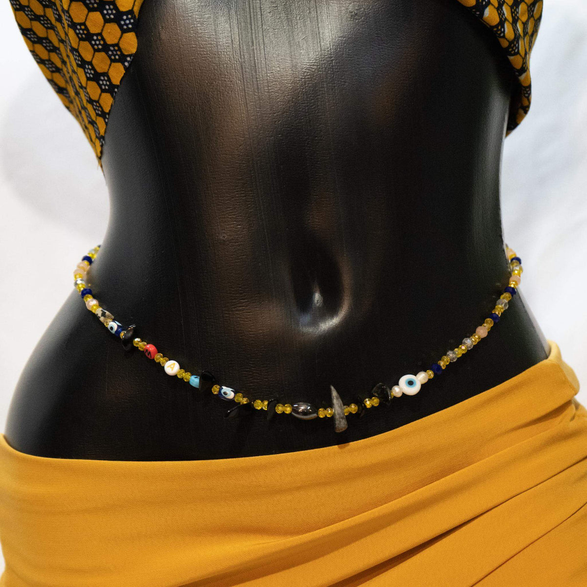 AfroBeads Waist Beads in Genuine Smoky Quartz, Hematite, and Gold Crystal 