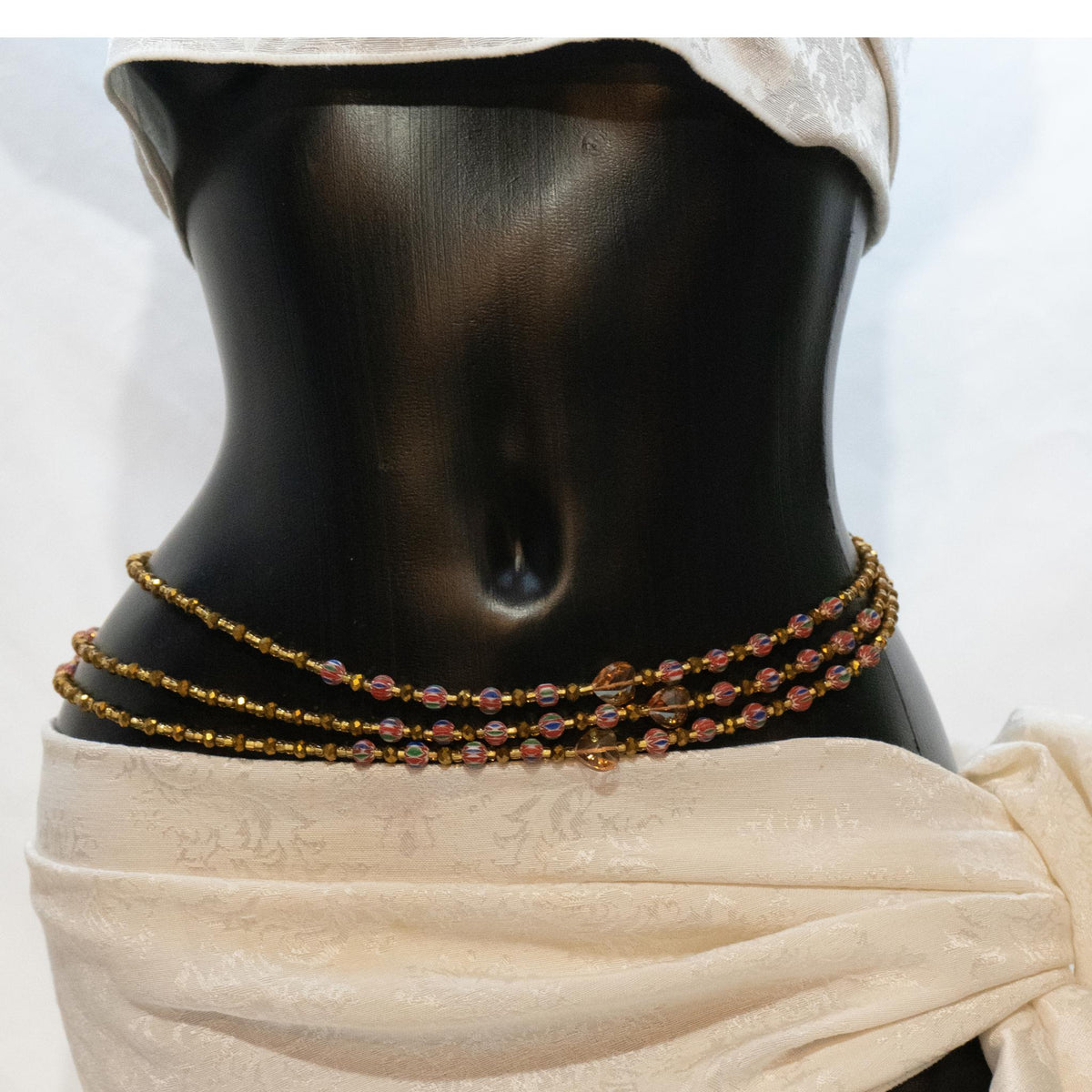 AfroBeads Waist Beads in Tribal Seeds with Smoked Topaz, Crystal Gold and Light Peached Heart 