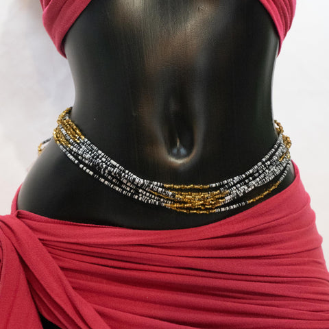 AfroBeads Waist Beads in Black and White with Crystal Gold Waist Beads