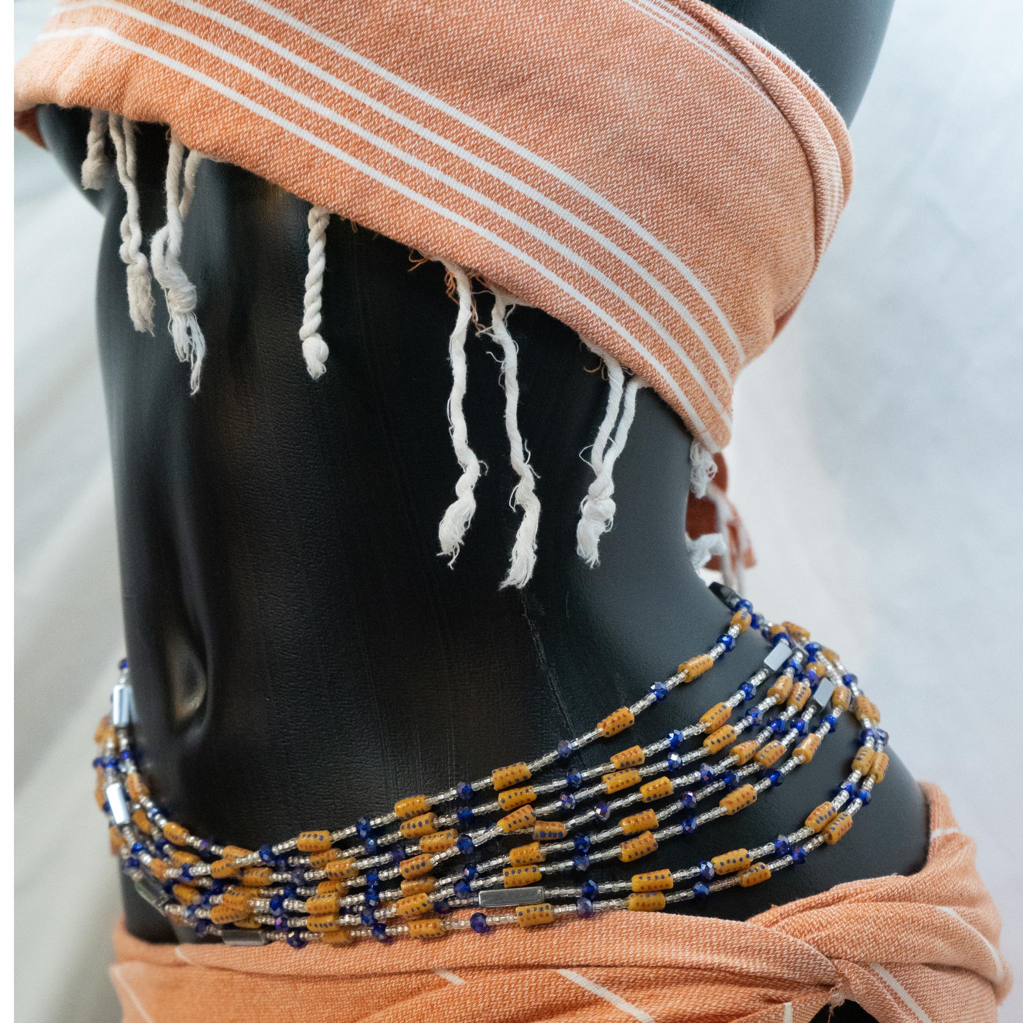 AfroBeads Waist Beads in Tribal Raw Sienna, Silver and Capri Blue  Side View