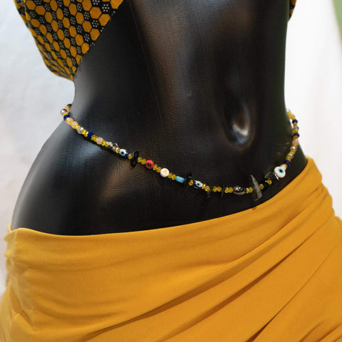 AfroBeads Waist Beads in Genuine Smoky Quartz, Hematite, and Gold Crystal  Side View