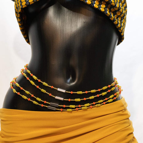 AfroBeads Waist Beads in Tribal Golden Rod, Silver, and Orange Coral 