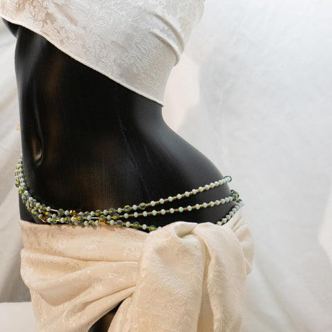 AfroBeads Waist Beads in Tribal Seeds, Powder Blue and Crystal Gold  Side View Alternate