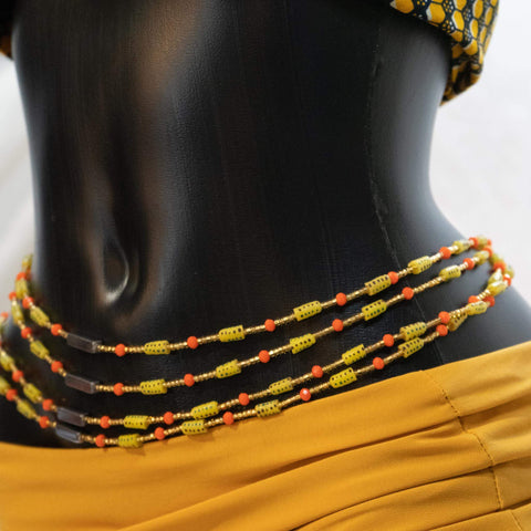 AfroBeads Waist Beads in Tribal Golden Rod, Silver, and Orange Coral  Side View