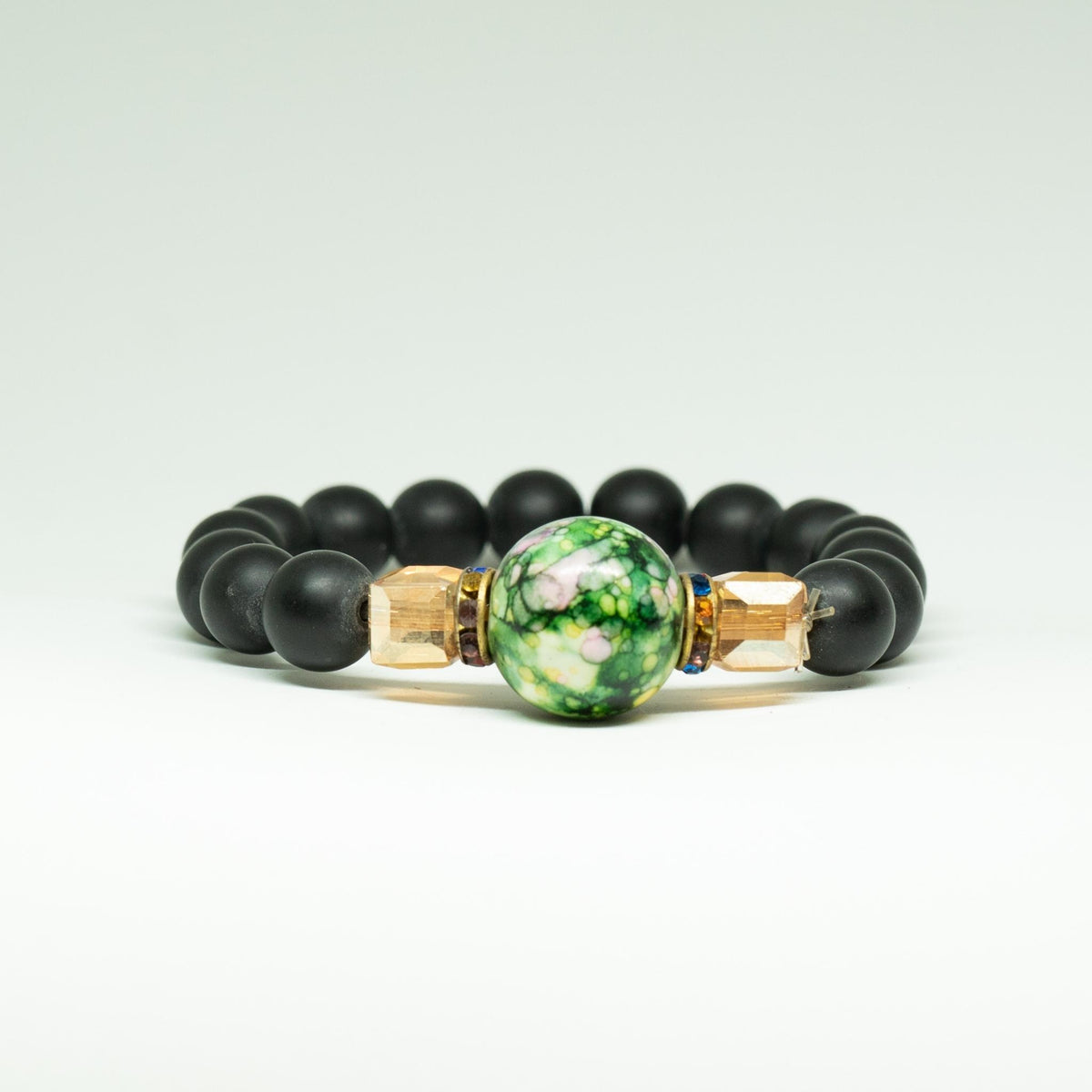 AfroBeads Bracelet in Jet Black Glass, Silk Crystal And Recycled Seed