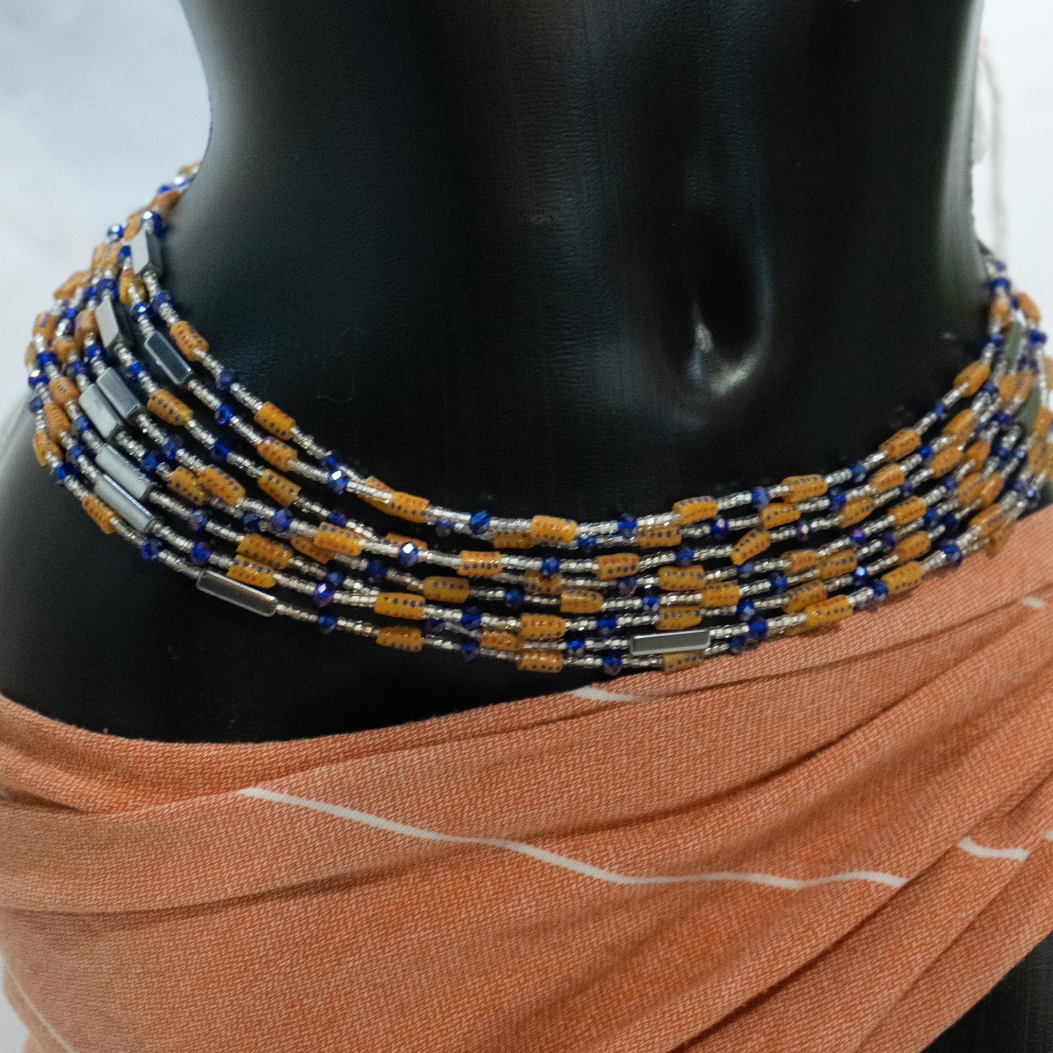 AfroBeads Waist Beads in Tribal Raw Sienna, Silver and Capri Blue  Front View