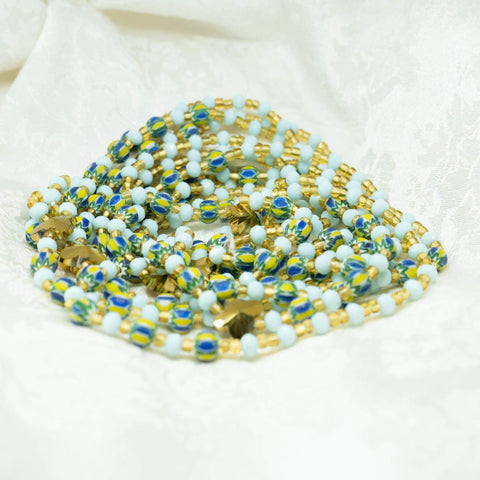 AfroBeads Waist Beads in Tribal Seeds, Powder Blue and Crystal Gold  Strand