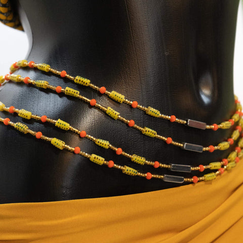 AfroBeads Waist Beads in Tribal Golden Rod, Silver, and Orange Coral  Tilted View