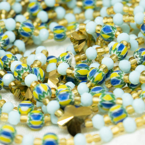 AfroBeads Waist Beads in Tribal Seeds, Powder Blue and Crystal Gold  Close View