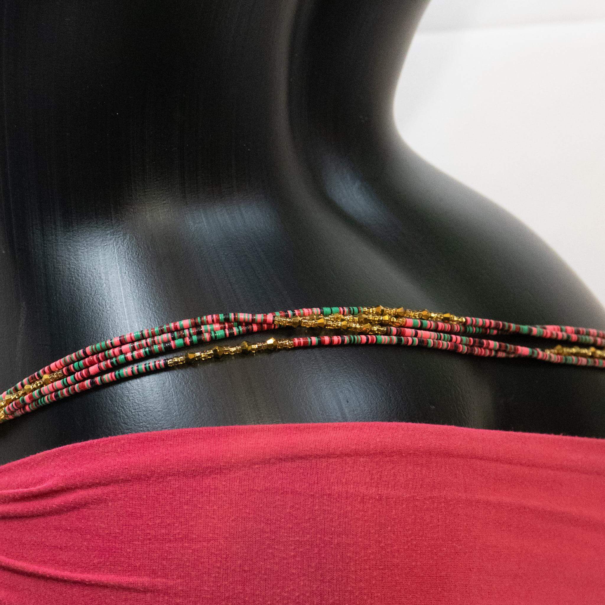 AfroBeads Waist Beads in Fiery Rose, Avocado Green and Crystal Gold  Back View