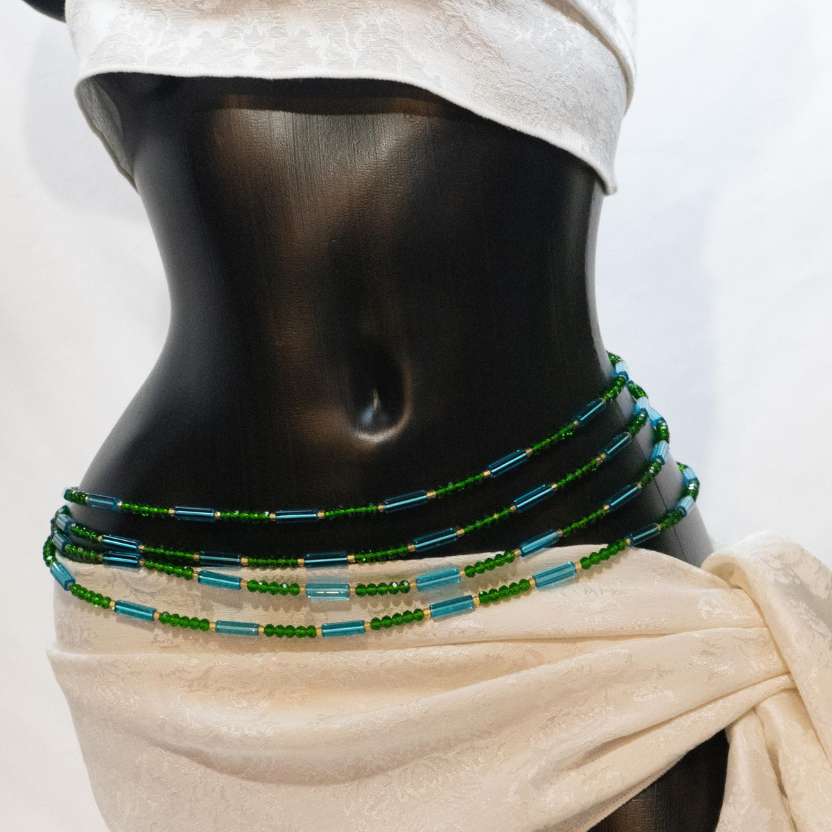 AfroBeads Waist Beads in Caribbean Blue, Emerald Glass, and Citrine Seeds 