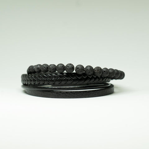 AfroBeads in Black and Grey Quartz Lava Rock Bead Bracelet with Leather and Premium Adjustable Magnetic Clasp.