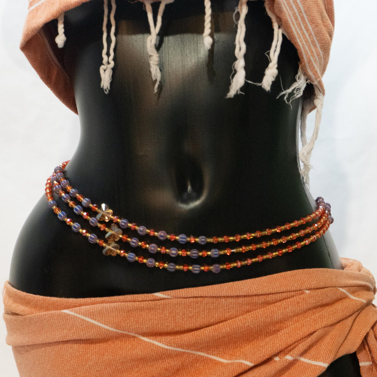 AfroBeads Waist Beads in Tribal Blue Wood Fire Opal and Crystal