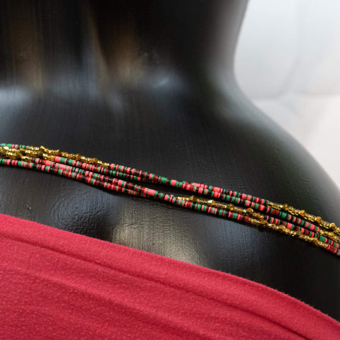 AfroBeads Waist Beads in Fiery Rose, Avocado Green and Crystal Gold  Back View Alternative