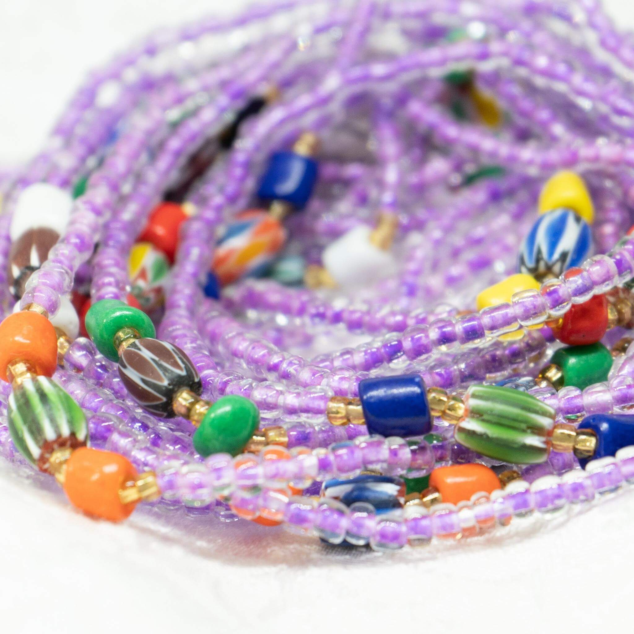 AfroBeads Waist Beads in Tribal Seeds with African Violet  Close View