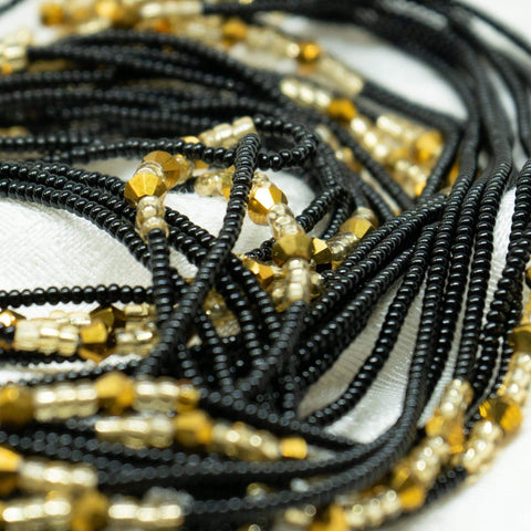 AfroBeads Waist Beads in Jet Black And Golden Seeds with Smoked Toppers Close View