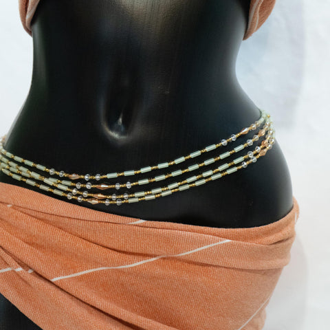 AfroBeads Waist Beads in Glow-In-the-Dark Light Peach, White and Gold Crystal  Side View