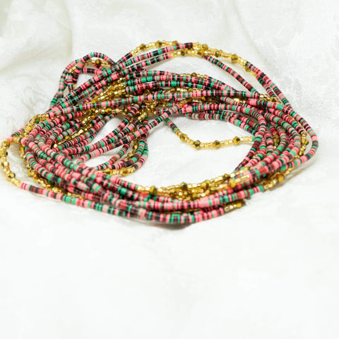 AfroBeads Waist Beads in Fiery Rose, Avocado Green and Crystal Gold  Strands