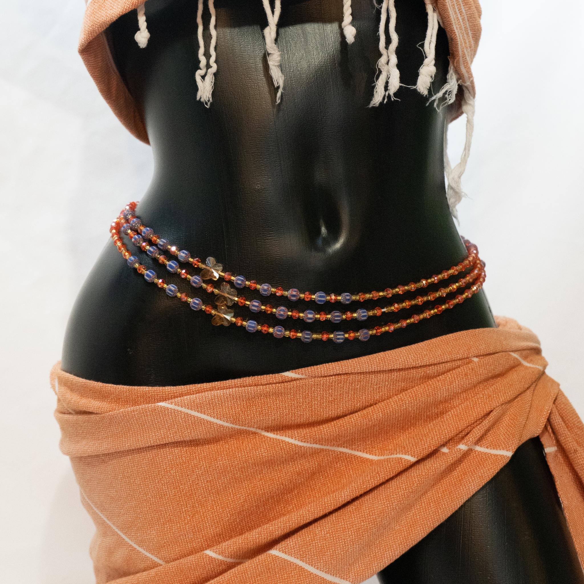 AfroBeads Waist Beads in Tribal Blue, Wood Fire Opal and Crystal Gold  Full View