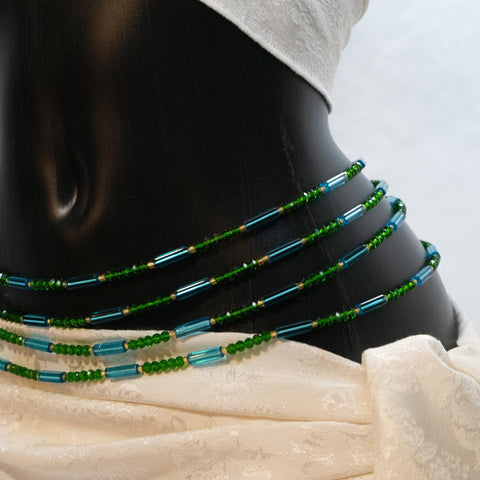 AfroBeads Waist Beads in Caribbean Blue, Emerald Glass, and Citrine Seeds  Side View