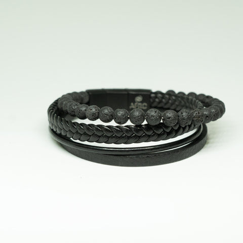 AfroBeads in Black and Grey Quartz Lava Rock Bead Bracelet with Leather and Premium Adjustable Magnetic Clasp.