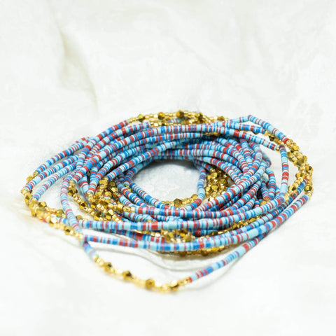 AfroBeads Waist Beads in Baby Blue, Azure, Lava Red and Crystal Gold Strands