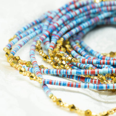 AfroBeads Waist Beads in Baby Blue, Azure, Lava Red and Crystal Gold Close Up 