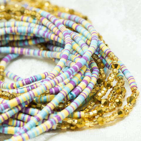 AfroBeads Waist Beads in Cyan, African Violet, Sunshine Yellow, and Crystal Gold  Close View