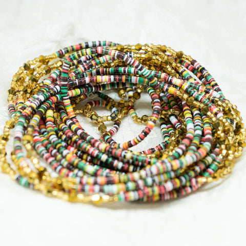 AfroBeads Waist Beads in Baby Blue, Azure, Lava Red, Apple Green, Mango Yellow, and Crystal Gold  Strands