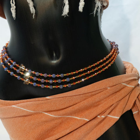 AfroBeads Waist Beads in Tribal Blue, Wood Fire Opal and Crystal Gold  Tilted View