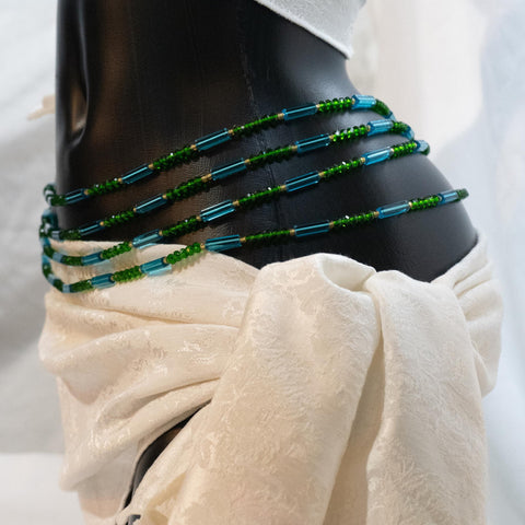 AfroBeads Waist Beads in Caribbean Blue, Emerald Glass, and Citrine Seeds  Side View Alternative