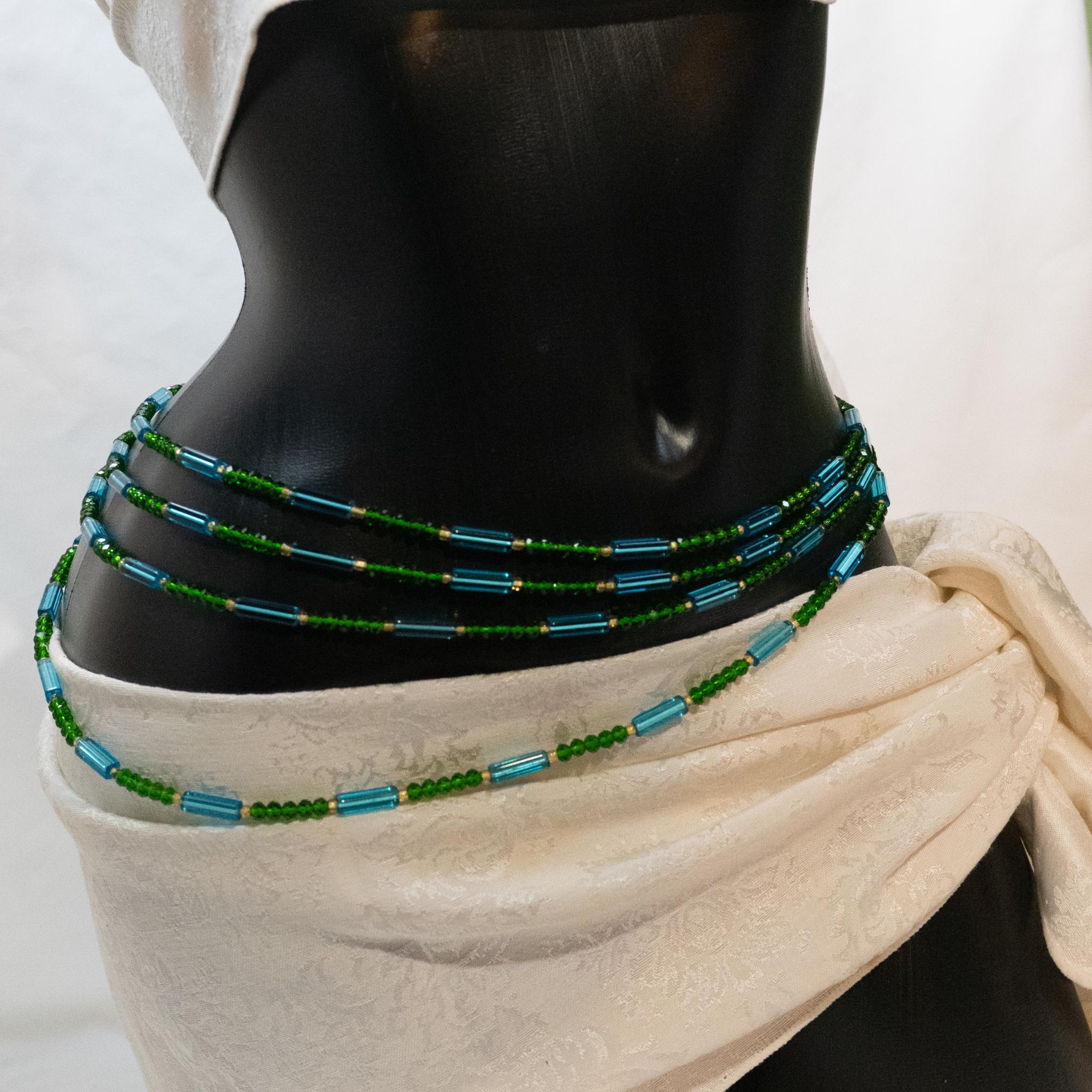 AfroBeads Waist Beads in Caribbean Blue, Emerald Glass, and Citrine Seeds  Side View