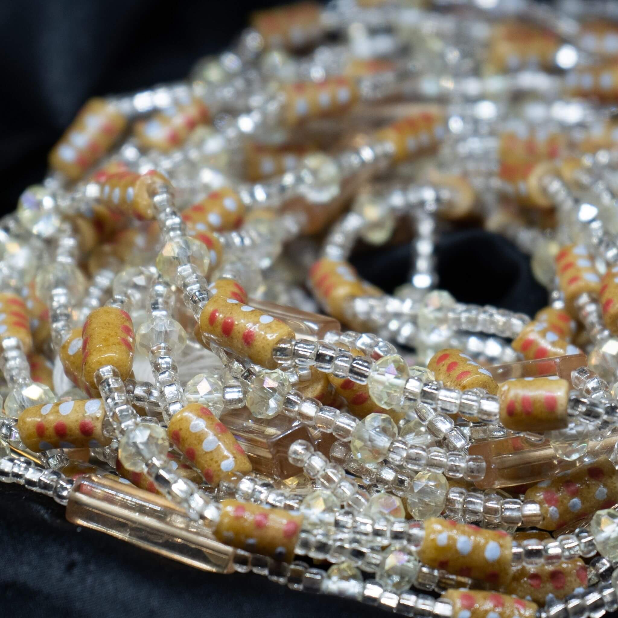 AfroBeads Waist Beads in Tribal Light Brown Sugar, Crystal Silva and Silk  Close Shot