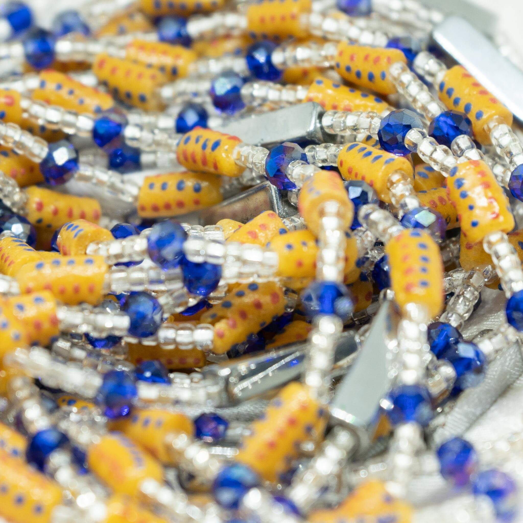 AfroBeads Waist Beads in Tribal Raw Sienna, Silver and Capri Blue  Close View