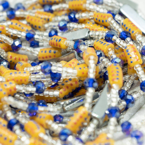 AfroBeads Waist Beads in Tribal Raw Sienna, Silver and Capri Blue  Close View