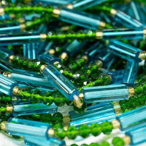 AfroBeads Waist Beads in Caribbean Blue, Emerald Glass, and Citrine Seeds  Close View