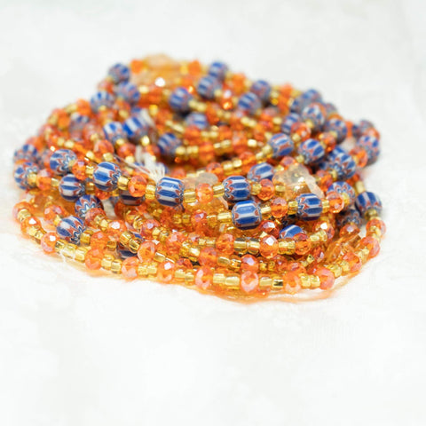 AfroBeads Waist Beads in Tribal Blue, Wood Fire Opal and Crystal Gold  Full View