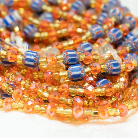 AfroBeads Waist Beads in Tribal Blue, Wood Fire Opal and Crystal Gold  Close Shot