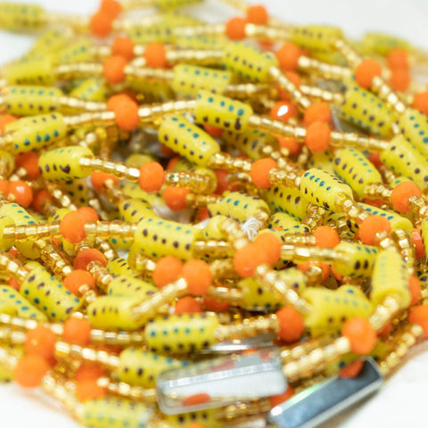 AfroBeads Waist Beads in Tribal Golden Rod, Silver, and Orange Coral  Close Shot