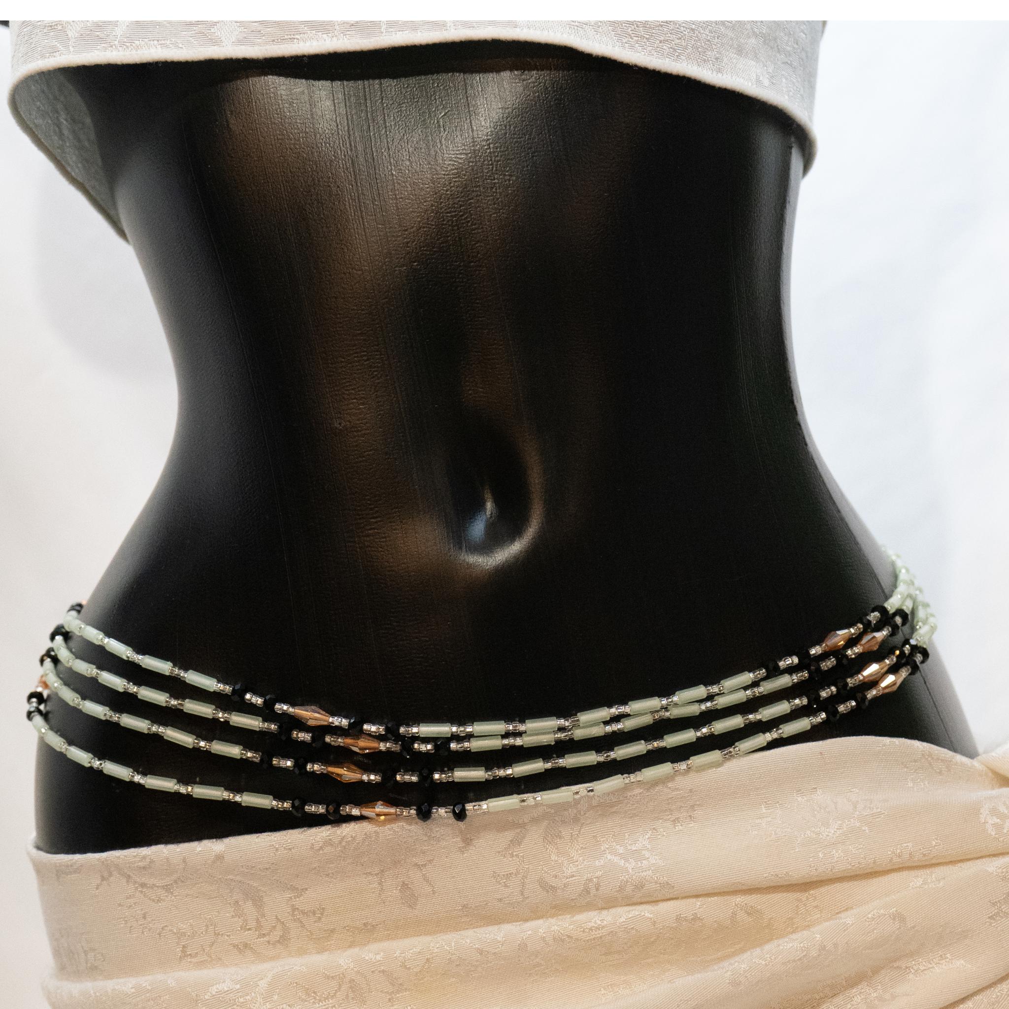 AfroBeads Waist Beads in Glow-In-the-Dark, Vintage Rose, Jet Black and Siler Crystal  Front View